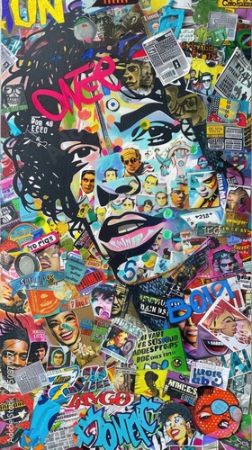 Vibrant collage pop art retro graphic  reminiscent of the iconic era  featuring bold colors  striking imagery  and playful composition for a nostalgic and dynamic aesthetic appeal.
