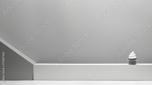 a black and white photo of a vase with a white cone sitting on top of a white shelf against a gray wall. photo