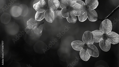 a black and white photo of a bunch of flowers on a branch with blurry boket in the background. photo