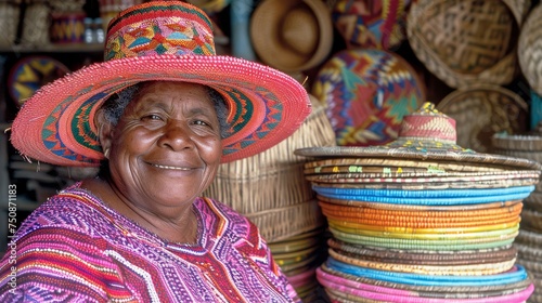 a woman wearing a colorful hat stands in front of a wall of woven baskets and baskets that are stacked on top of each other.