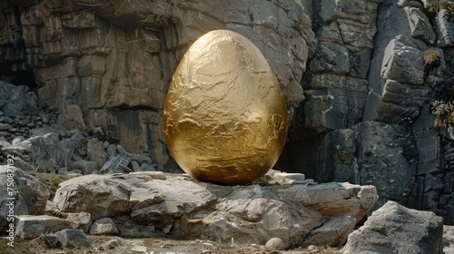 a large golden egg sitting on top of a pile of rocks in front of a stone wall with a cave in the background.