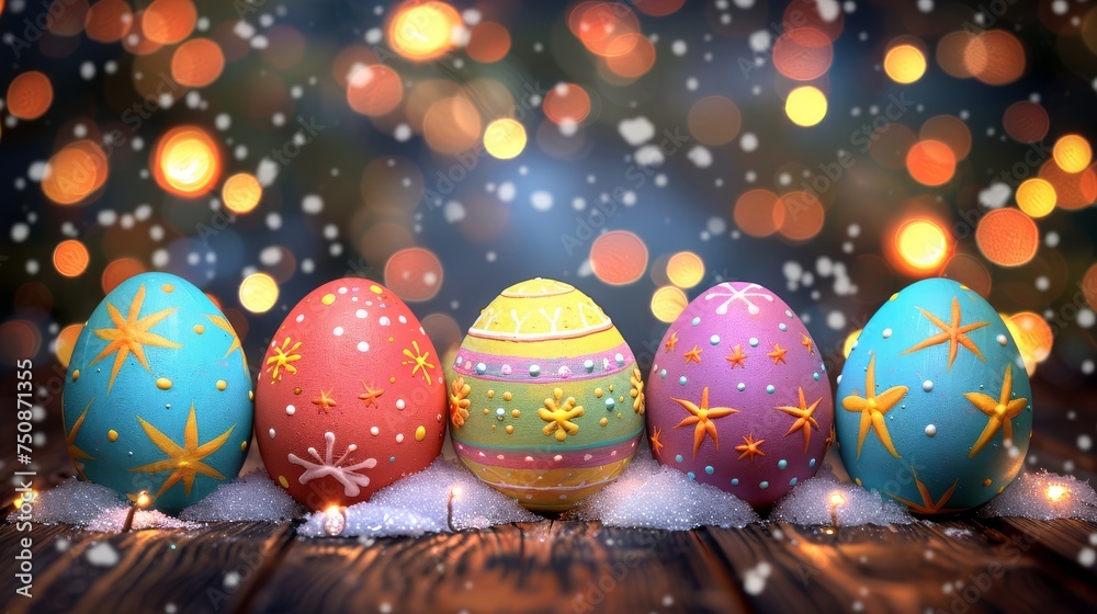 a row of painted eggs sitting on top of a wooden table in front of a boke of lights and snow.