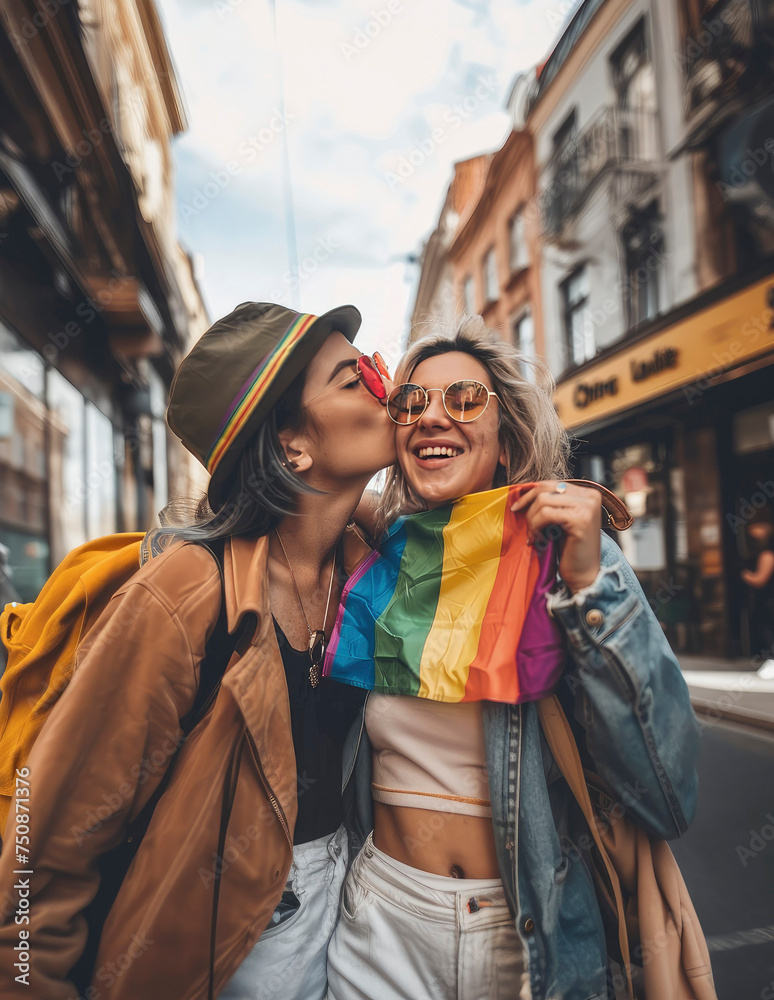 lesbian friends on the street with lgbt gay flag, multicolored rainbow. Created with AI.