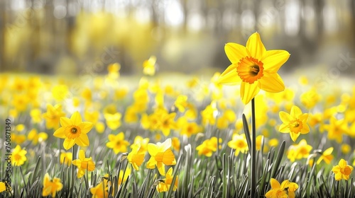 a field full of yellow daffodils in the middle of a forest with trees in the back ground.