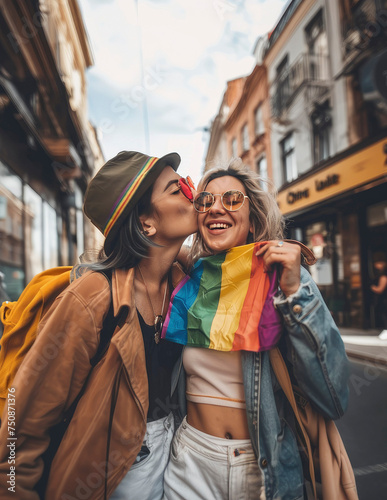 lesbian friends on the street with lgbt gay flag, multicolored rainbow. Created with AI.