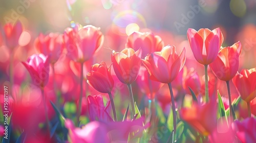 a field of red and pink tulips with the sun shining through the leaves of the tulips. photo