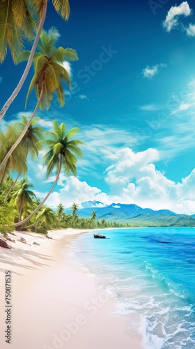 Tropical beach. Exotic landscape with white sand and palm trees on sea coastline © CREATIVE STOCK
