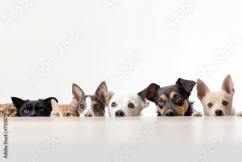 Kittens and puppies look behind a white sign on a white background. Banner design for a pet store or veterinary clinic.