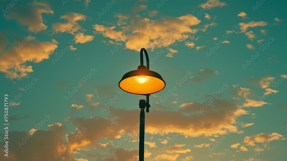 a street light in front of a blue sky with clouds and a yellow light shining on the top of it.