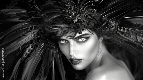 a black and white photo of a woman with feathers on her head and a feathered hat on her head. photo