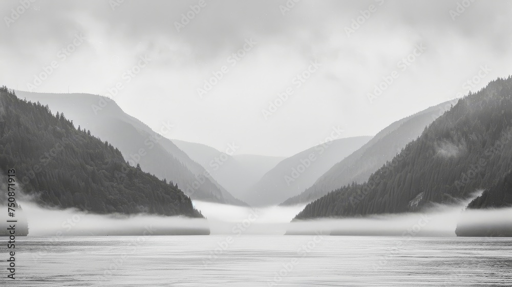 a black and white photo of mountains and a body of water in the foreground with fog in the air.