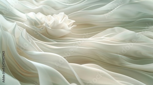 an abstract photo of a white flower in the middle of a wave of white fabric on a light green background.