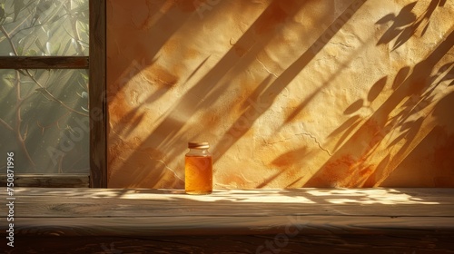a jar of honey sitting on a table in front of a window with a shadow cast on the wall behind it. photo