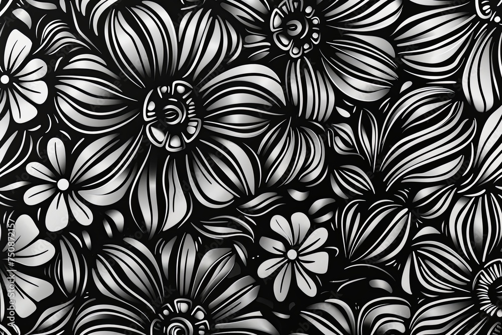 A black and white motif, floral background, floral pattern for fabric.