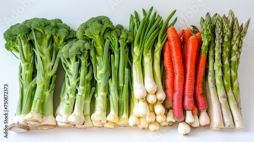 a variety of vegetables are lined up on a white surface, including carrots, broccoli, onions, and celery.
