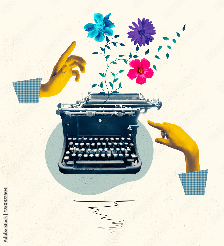 Pop art collage. Female hand typing on retro typewriter over creative design background. Vintage, retro