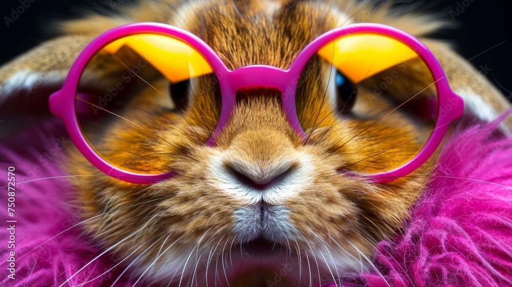 a close up of a cat with pink glasses on it's face and a fur coat around it's neck.