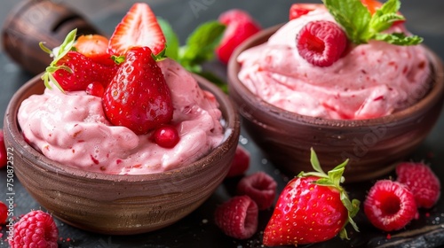 a close up of two bowls of food with strawberries on the side of the bowl and strawberries on the side of the bowl. photo