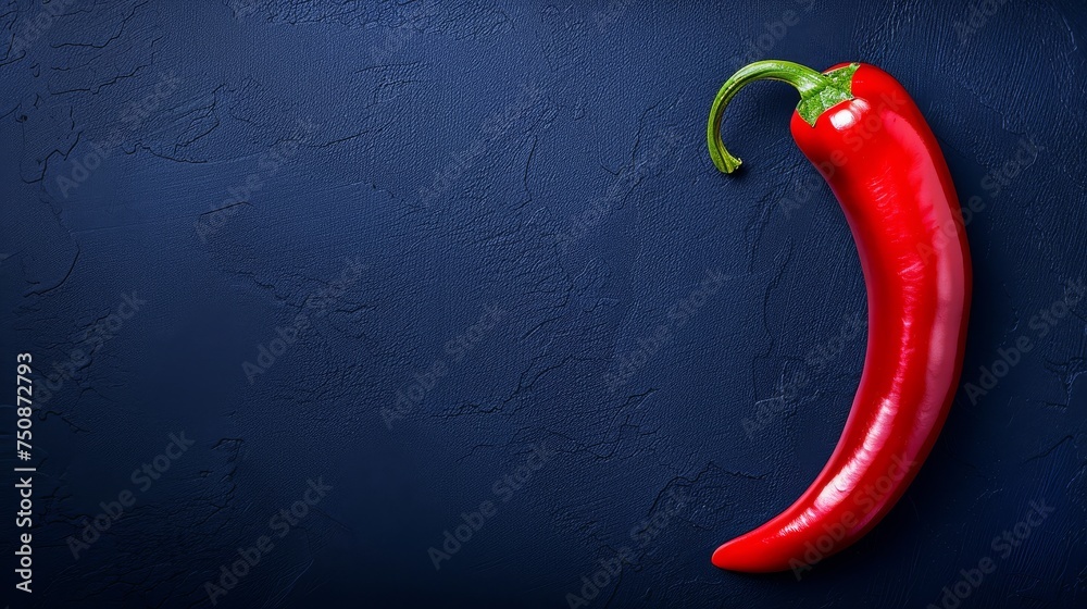 a red chili on a blue wall with a green stalk sticking out of the top of it's side. - obrazy, fototapety, plakaty 
