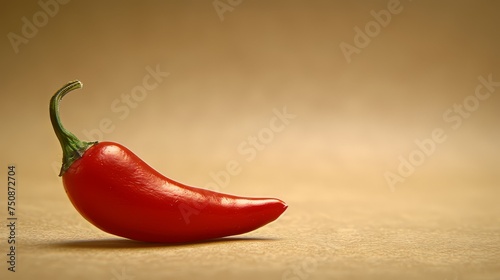 a close up of a red pepper on a brown surface with a blurry backround in the background.