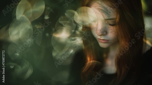 a woman with freckles on her face is looking down at her cell phone in front of a blurry background. photo