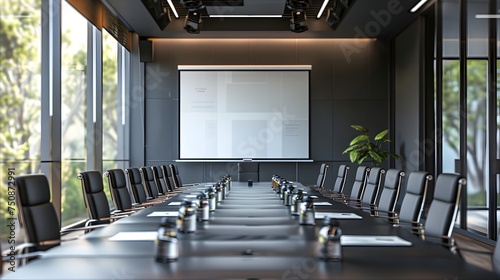 Sleek conference room with modern design elements - A minimalist and stylish conference room boasting a long table with chairs and an empty presentation screen at the end