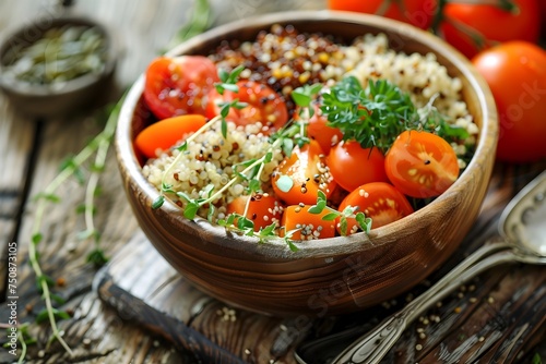 Healthy quinoa salad bowl with fresh ingredients - Fresh and appetizing quinoa salad with vibrant tomatoes, herbs, and garnishes, perfect for a healthy lifestyle