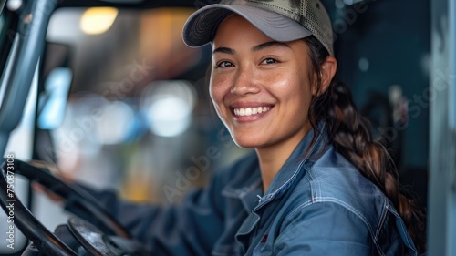 Happy woman driving delivery vehicle - A young smiling female truck driver inside the cab of a delivery vehicle, showing diversity in the workforce