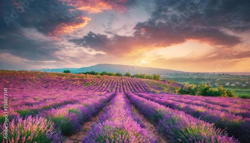 Stunning lavender field landscape Summer sunset with single tree 