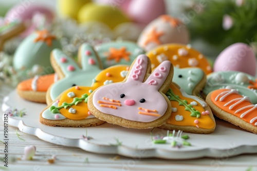 A plate of Easter cookies featuring bunnies and carrots, decorated with pastel icing and sprinkles.