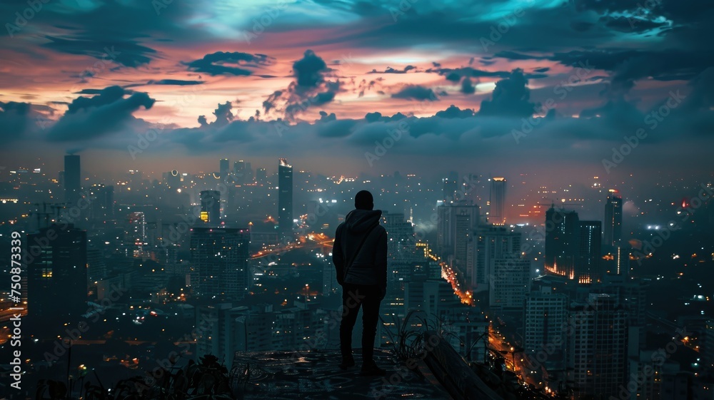 Man Overlooking Cityscape at Dusk - A contemplative silhouetted figure observes a sprawling city lights at dusk with a dramatic cloudy sky overhead Man Overlooking Cityscape at Dusk - A contemplative silhouetted figure observes a sprawling city lights at dusk with a dramatic cloudy sky overhead