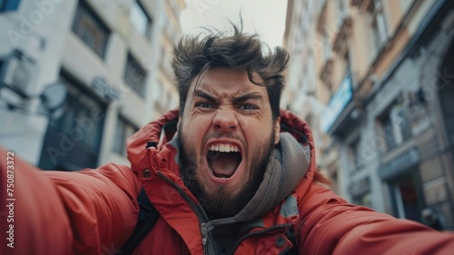 Man screaming with hair in the air - An excited young man with messy hair screams in an urban setting, capturing raw emotion photo