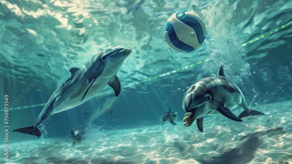 Pair of dolphins with a volleyball under the sea - Illustrative image showing two dolphins swimming upwards through clear waters to engage with a volleyball, evoking a sense of play and freedom