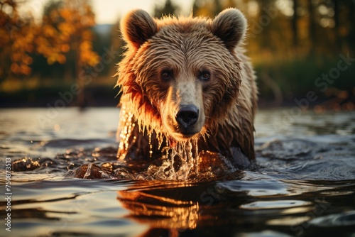 Skillful brown bear fishing at dusk., generative IA