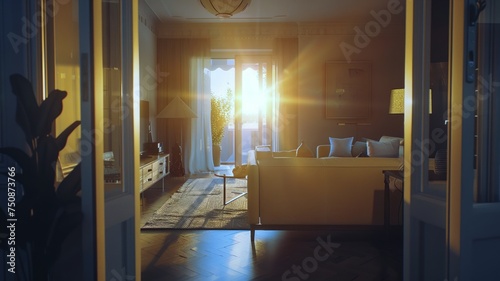 Warm sunlight filters through an elegant living room, inviting and serene