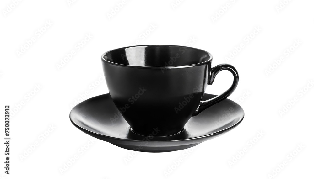 A Black empty coffee cup placed on a saucer. isolated on transparent background. A Black empty coffee cup placed on a saucer. isolated on transparent background.