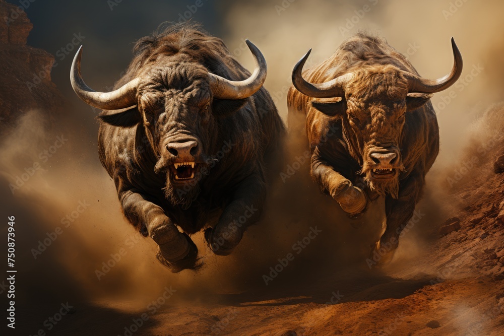Two fierce bulls are challenged in arid territory., generative IA Two fierce bulls are challenged in arid territory., generative IA