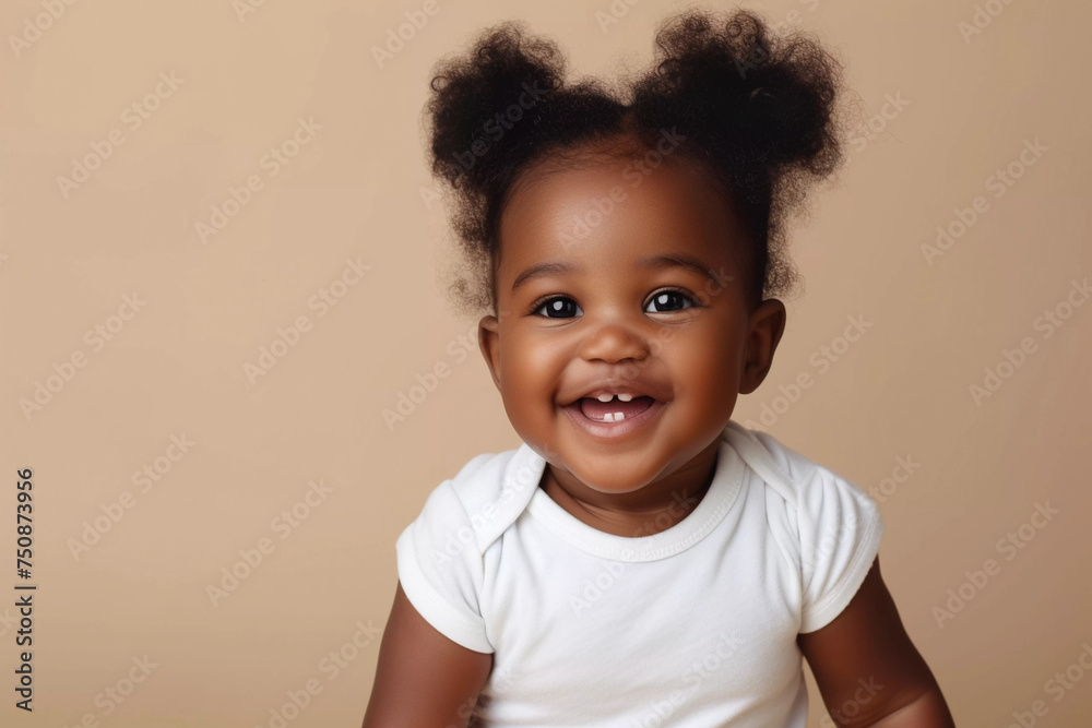Happy Black Little Baby Girl Looking At Camera And Smiling studio photo. Advertisement Banner With Cute african american Child. Panorama With Copy Space For Your Text. biege background. ai-generated Happy Black Little Baby Girl Looking At Camera And Smiling studio photo. Advertisement Banner With Cute african american Child. Panorama With Copy Space For Your Text. biege background. ai-generated