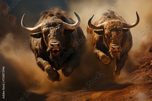 Two fierce bulls are challenged in arid territory., generative IA © JONATAS