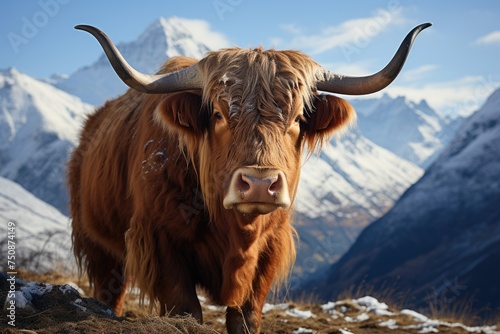 Lone bull stands out in the mountains., generative IA