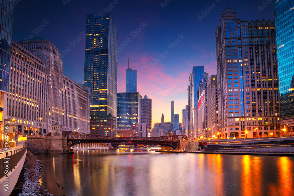 Chicago, Illinois, USA. Cityscape image of Chicago skyline at beautiful spring sunrise.