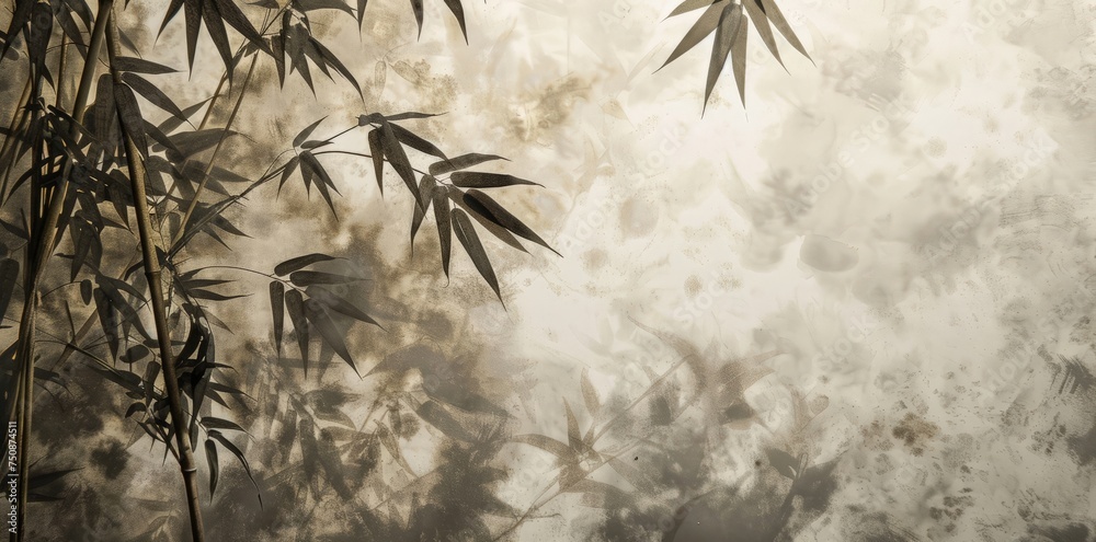 A detailed painting of a bamboo tree standing tall against a backdrop of dark, billowing clouds in the sky.