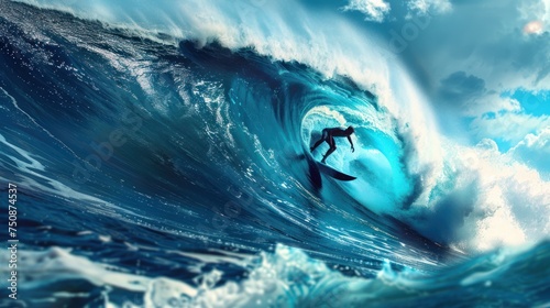 Surfer on Blue Ocean Wave Getting Barreled © inthasone