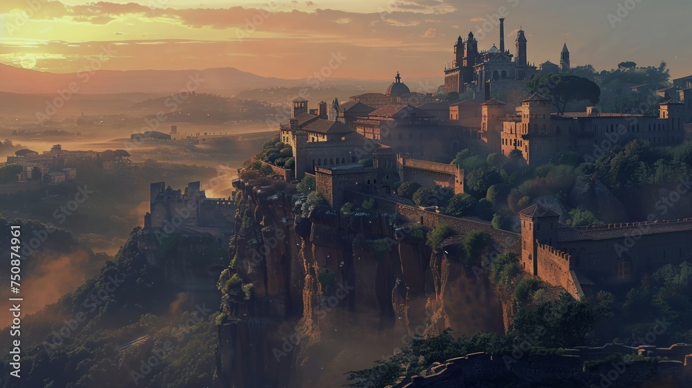 Naklejka premium Breathtaking view of an ancient city basking in the golden glow of a serene sunrise