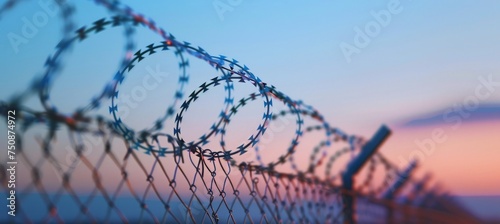 A detailed view of a barbed wire fence, showcasing the sharp metal strands twisted together. The fence looms large in the foreground, serving as a stark barrier. photo