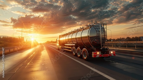 petrol cargo truck on a highway during a sunny summer evening, highlighting the warm tones and emphasizing the concept of fuel delivery and transportation logistics.