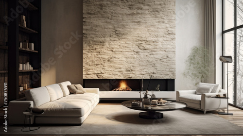 A modern living room with textured wall finishes featuring a black and white sofa  a shag rug  and a decorative fireplace
