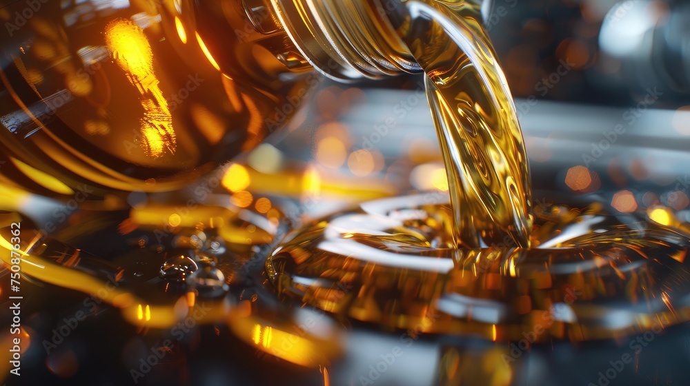 close-up shot of motorcycle motor oil flowing smoothly from the neck of the bottle, showcasing the precision and quality of the liquid designed for engine care.