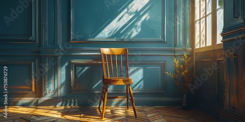 Wooden chair by the desk bathed in soft light invites a sense of calm and focus.
