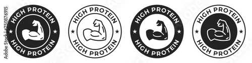 High protein label. Rich source of protein badge. Bodybuilding illustration for product packaging icon, logo, sign, symbol or emblem isolated. photo